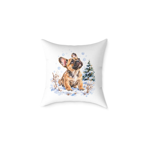 French Bulldog Puppy First Snow Throw Pillow White Home Decor Collection Winter Watercolor Dog Decor BarkingDog Shop
