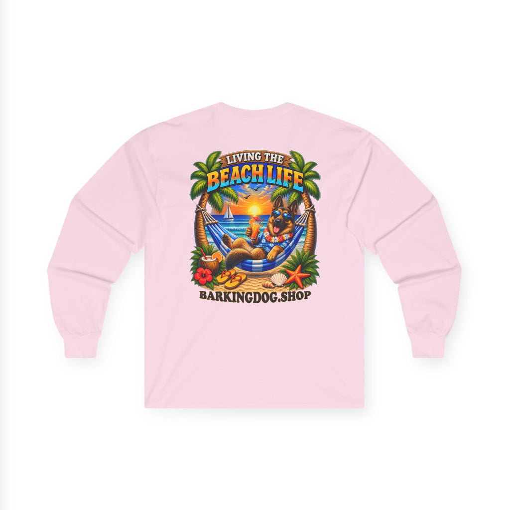 German Shepherd Beach Life Canine Long Sleeve T Shirt Beach Collection Hammock Tropical Dog Graphic Tee Wag On BarkingDog Shop
