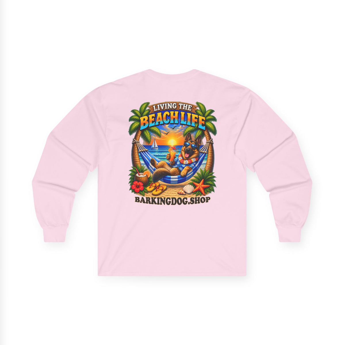 German Shepherd Beach Life Canine Long Sleeve T Shirt Beach Collection Hammock Tropical Dog Graphic Tee Wag On BarkingDog Shop