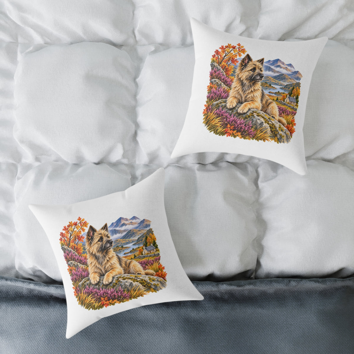Cairn Terrier Scottish Highlands Autumn Throw Pillow White Home Decor Collection Scenic Dog Decor BarkingDog Shop