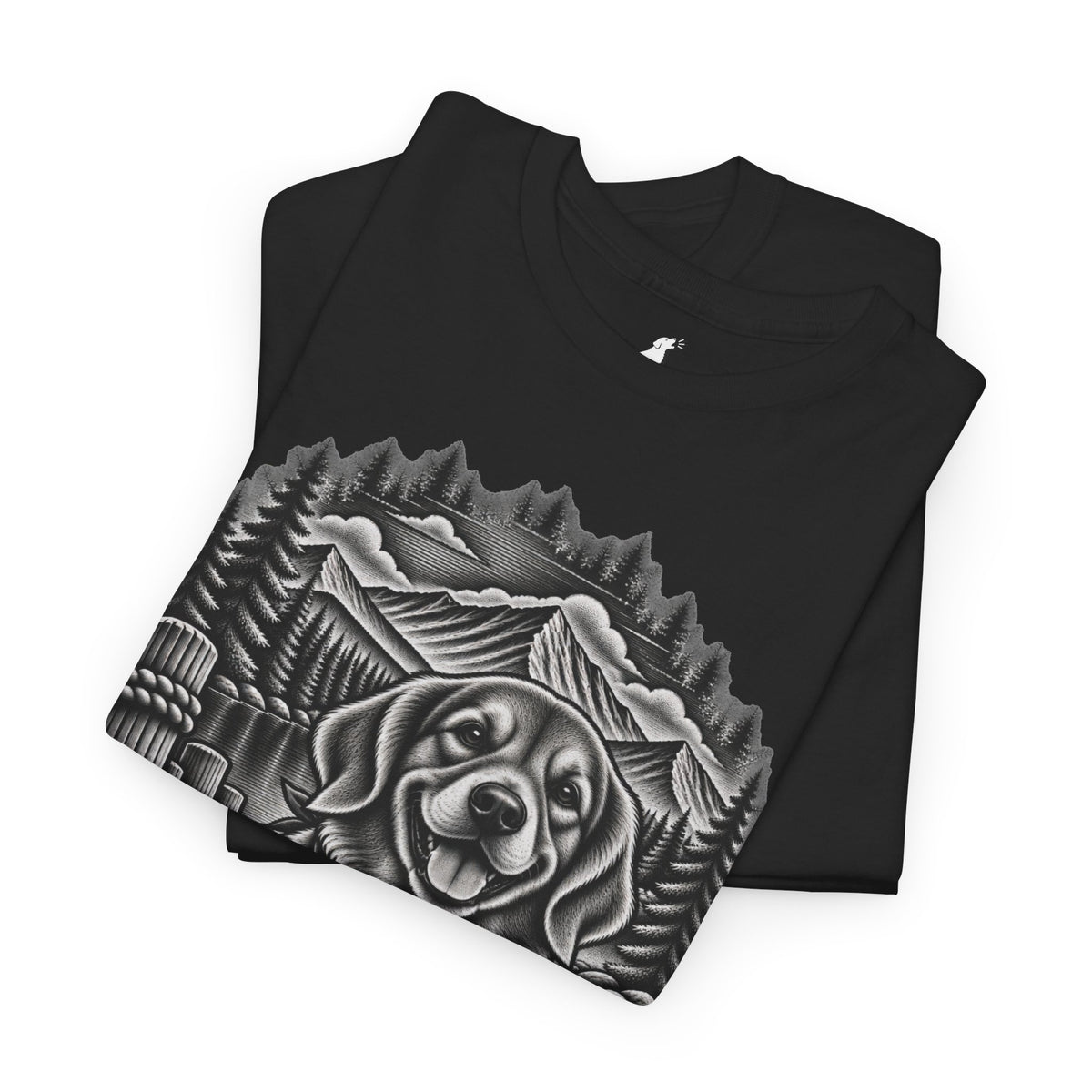 Golden Retriever Mountain Lake Wildlife Woodcut Tee Black Outdoor Canine Graphic T-Shirt BarkingDog Shop