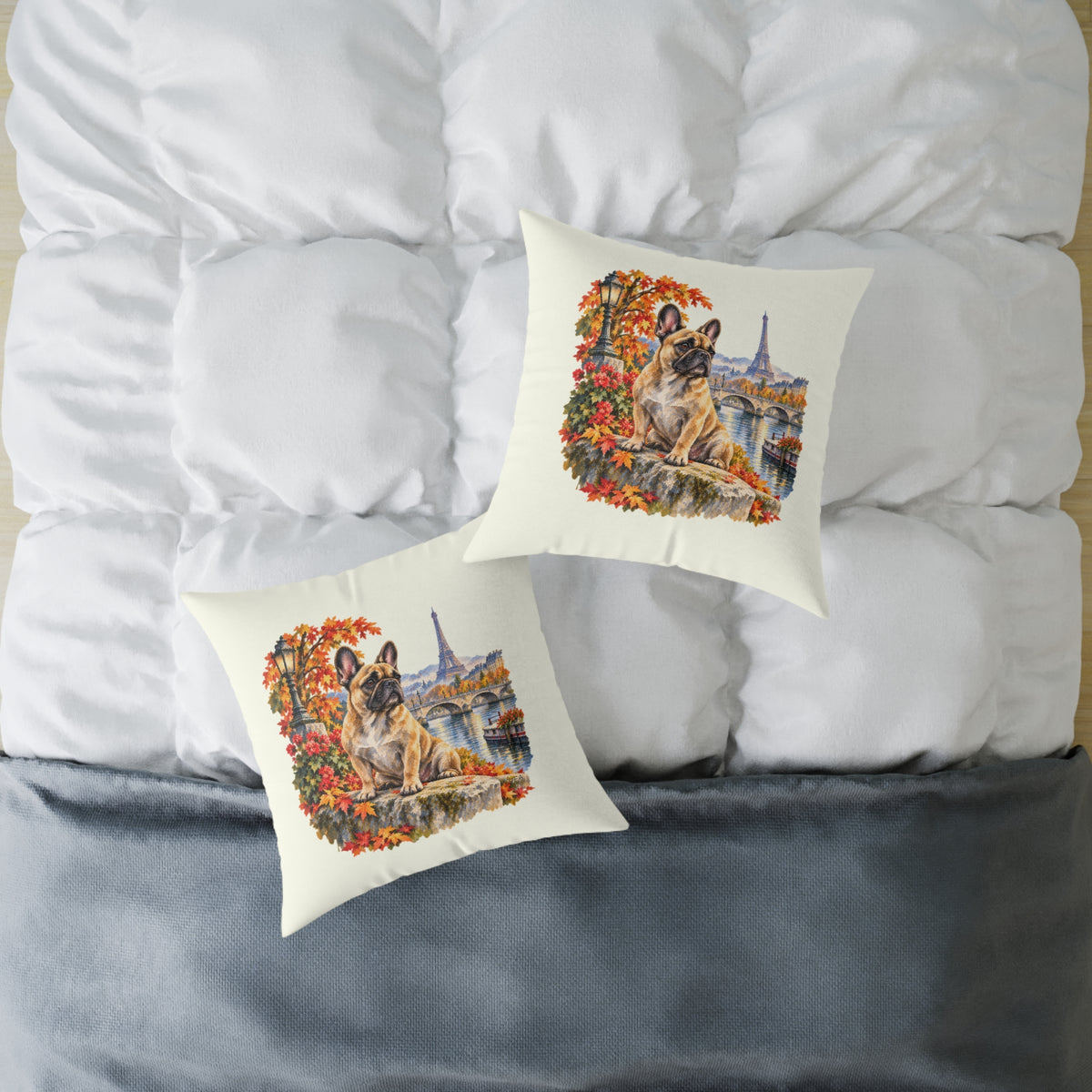 French Bulldog Paris in Autumn Throw Pillow Ivory Home Decor Collection Eiffel Tower Scenic Dog Decor BarkingDog Shop
