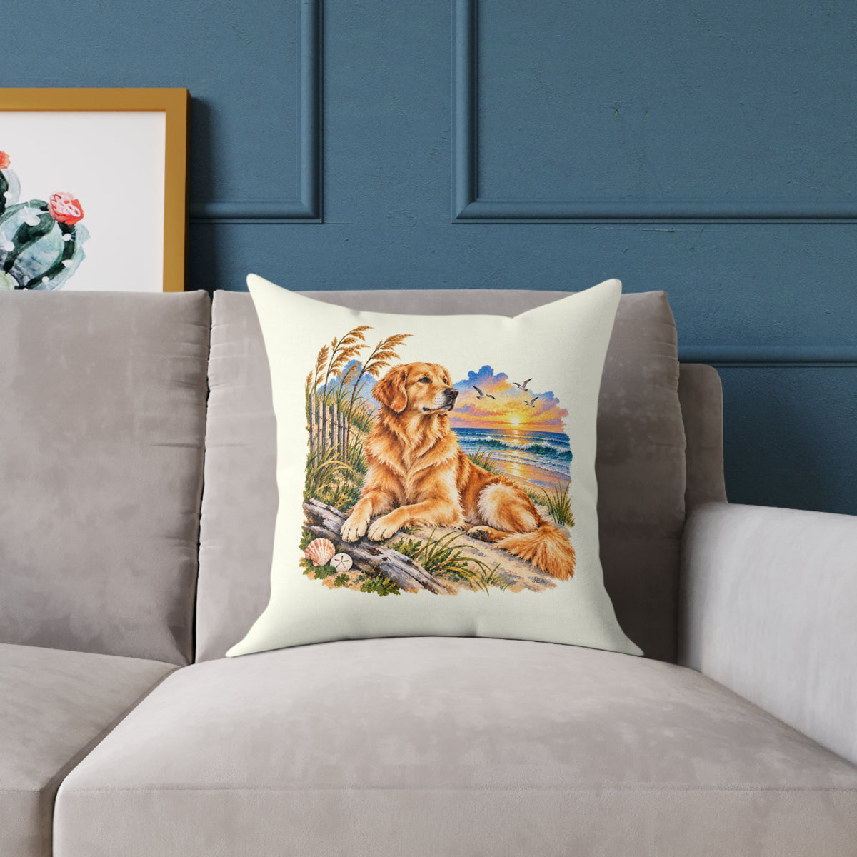Golden Retriever Coastal North Carolina Sunrise Throw Pillow Ivory Home Decor Collection Beach Dog Decor BarkingDog Shop