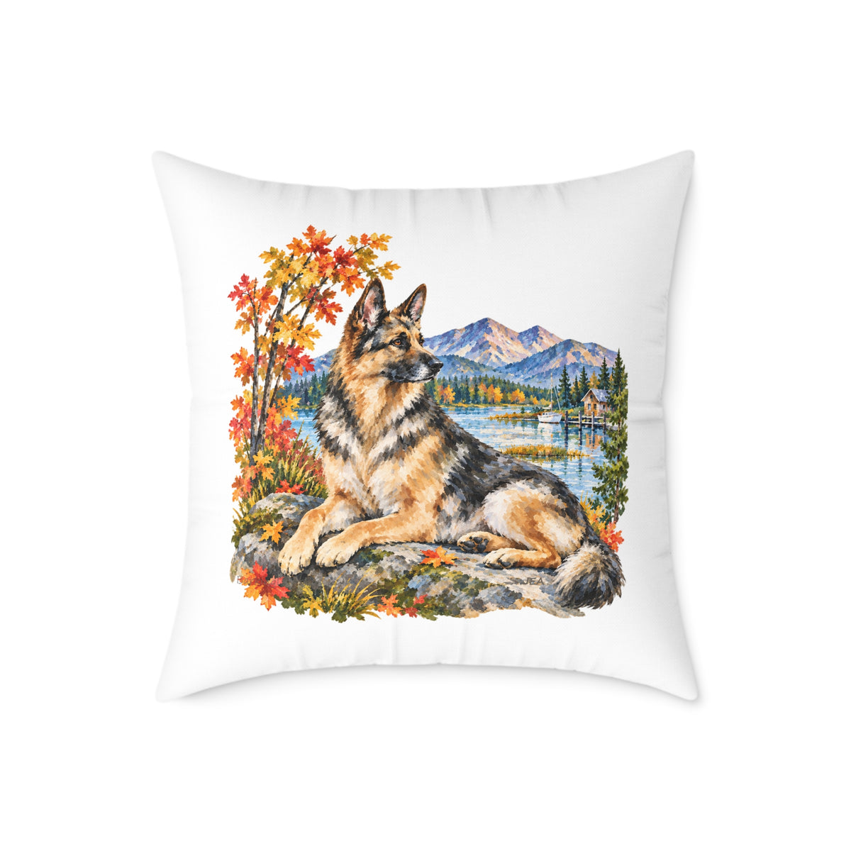German Shepherd Scenic Autumn Throw Pillow White Home Decor Collection Mountain Lake Dog Decor BarkingDog Shop
