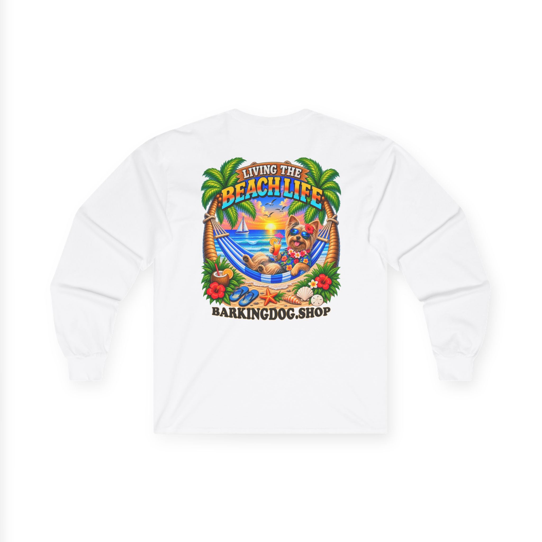 Yorkshire Terrier Beach Life Canine Long Sleeve T Shirt Beach Collection Hammock Tropical Dog Graphic Tee Wag On BarkingDog Shop
