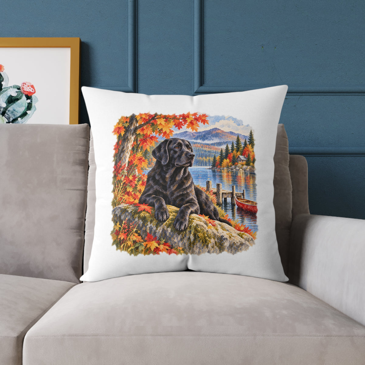 Black Labrador Maine Lake Autumn Throw Pillow White Home Decor Collection Fall Mountain Dog Decor BarkingDog Shop