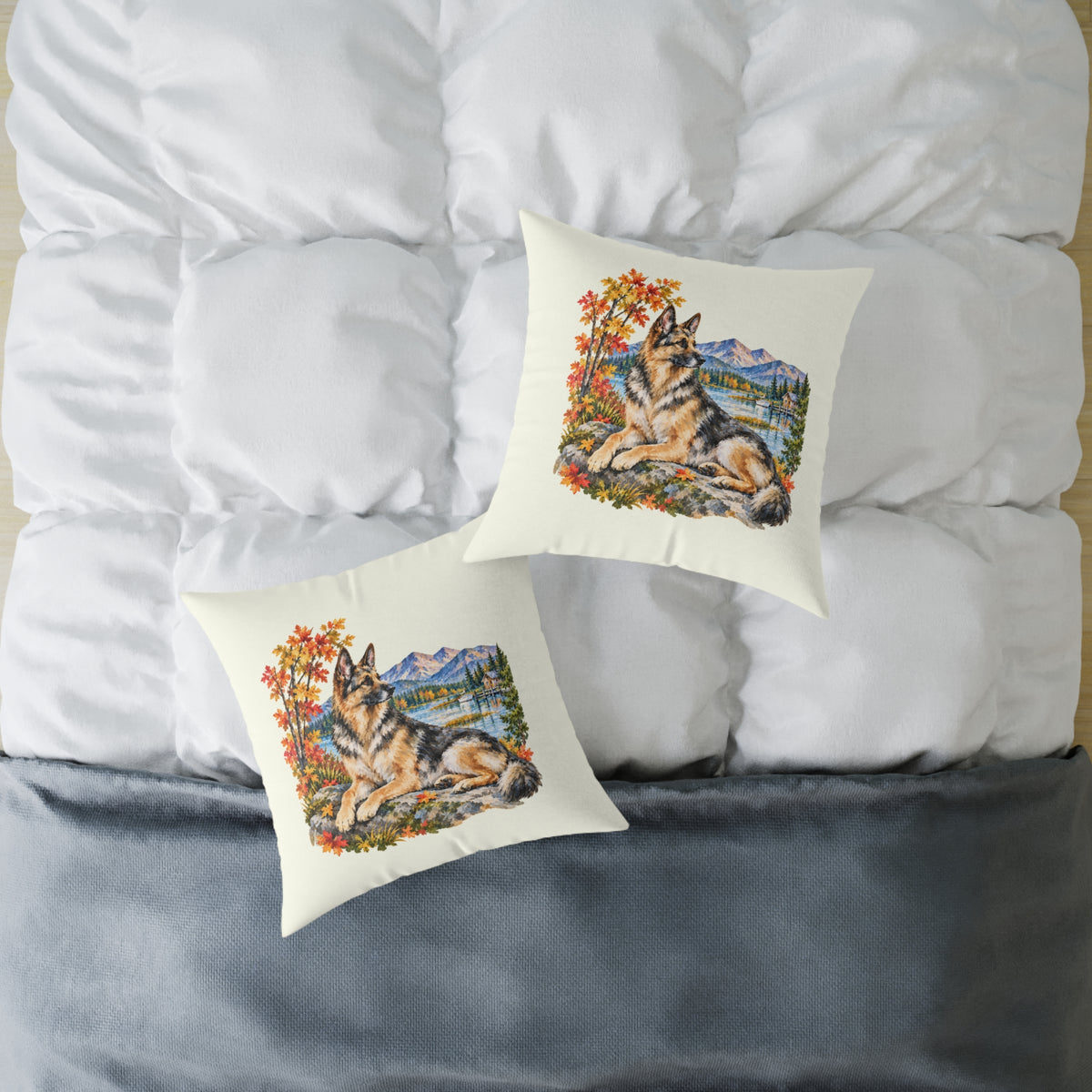 German Shepherd Scenic Autumn Throw Pillow Ivory Home Decor Collection Mountain Lake Dog Decor BarkingDog Shop
