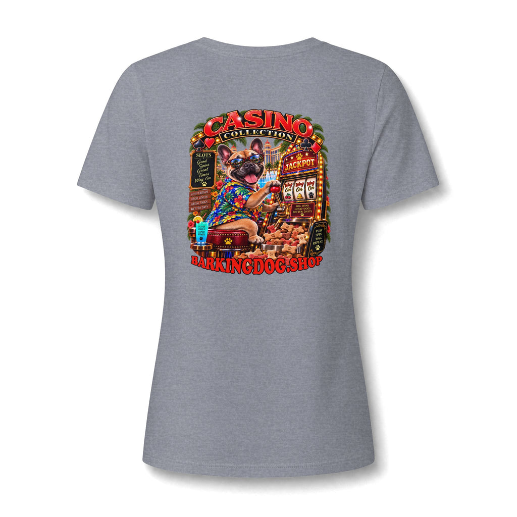 French Bulldog Slots Womens V Neck T Shirt Casino Collection Funny Casino Dog Graphic Tee Wag On BarkingDog Shop