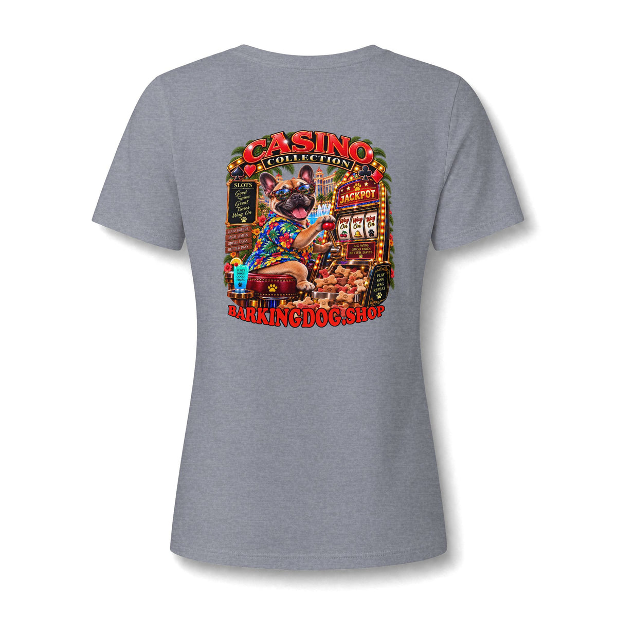 French Bulldog Slots Womens V Neck T Shirt Casino Collection Funny Casino Dog Graphic Tee Wag On BarkingDog Shop
