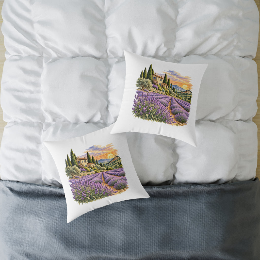Lavender Fields Woodcut Relief Throw Pillow White Floral Landscape Home Decor BarkingDog Shop
