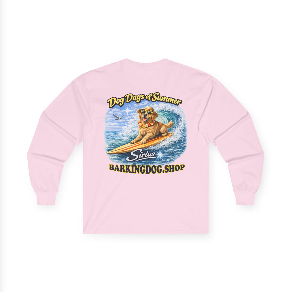 Golden Retriever Dog Days of Summer Surfboard Long Sleeve T Shirt Beach Collection Surfing Dog Graphic Tee Wag On BarkingDog Shop
