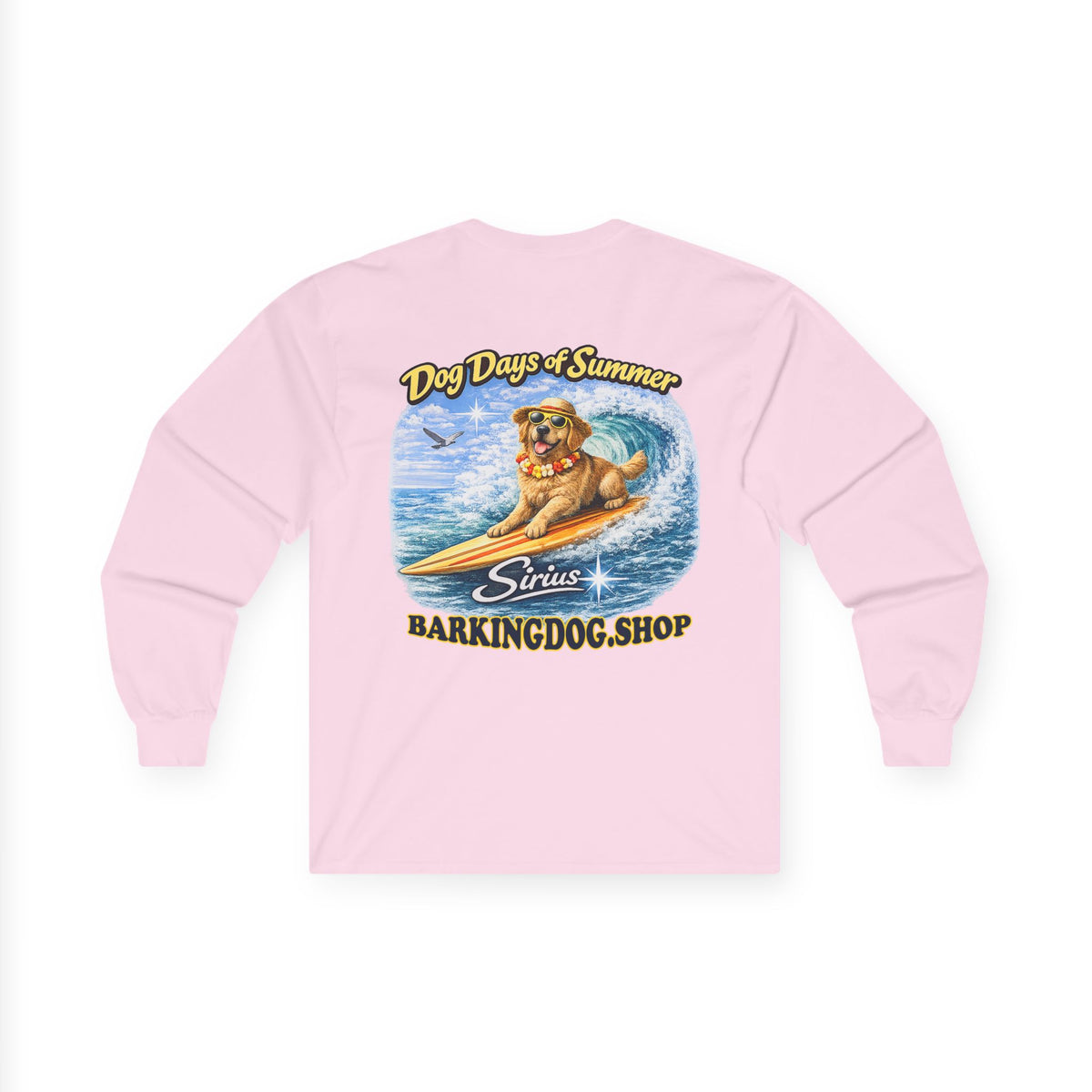 Golden Retriever Dog Days of Summer Surfboard Long Sleeve T Shirt Beach Collection Surfing Dog Graphic Tee Wag On BarkingDog Shop