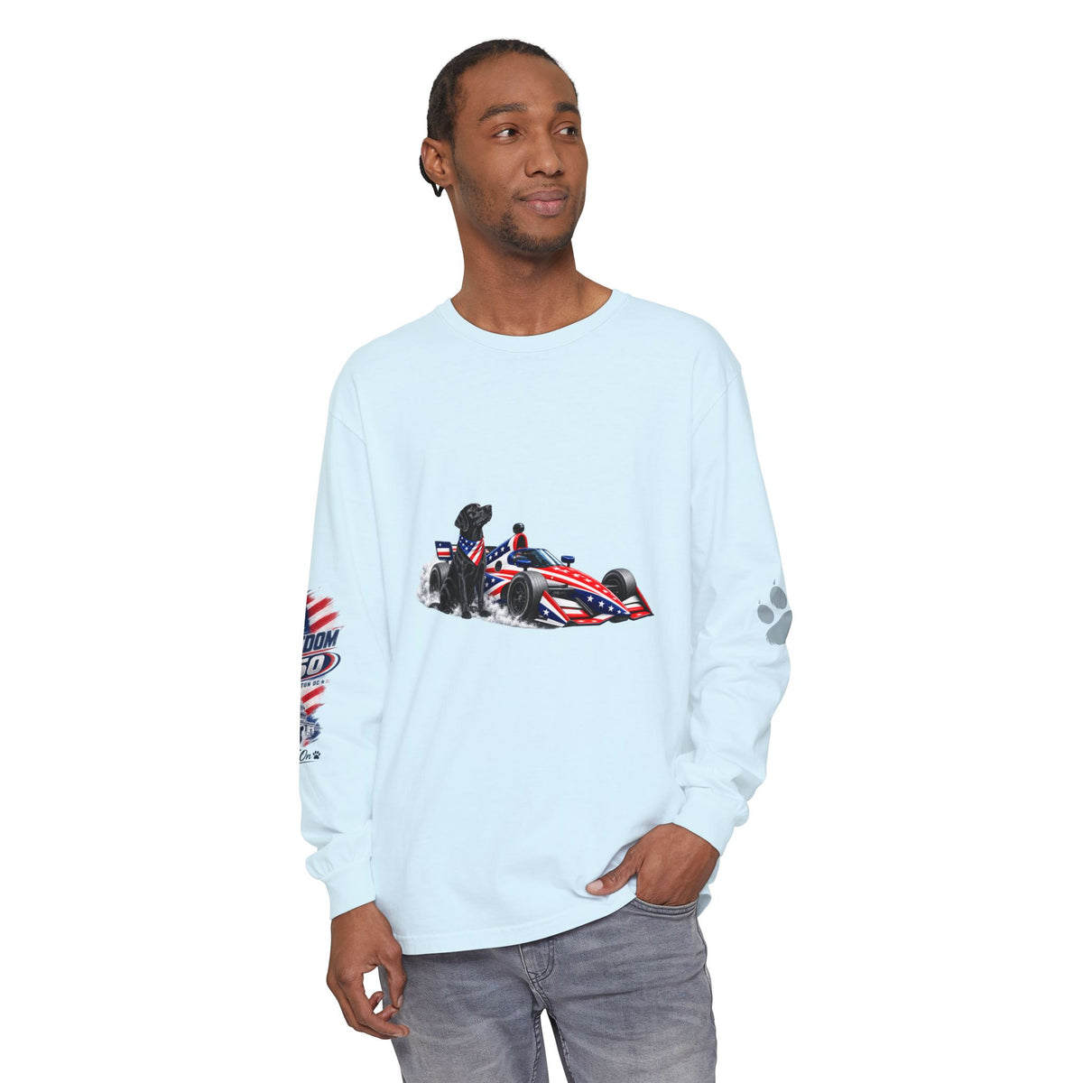 American Freedom 250 Long Sleeve T Shirt USA Country 250th Anniversary Patriotic Racing Dog Tee Wag On BarkingDog Shop