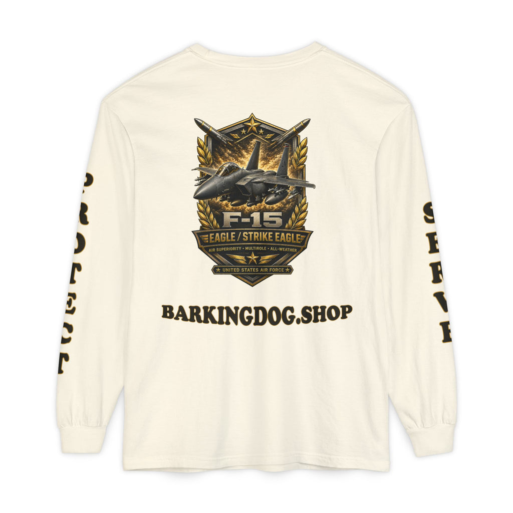 F-15 Strike Eagle Long Sleeve Tee — Barking Dog 'Wag On' Military Air Force Tribute