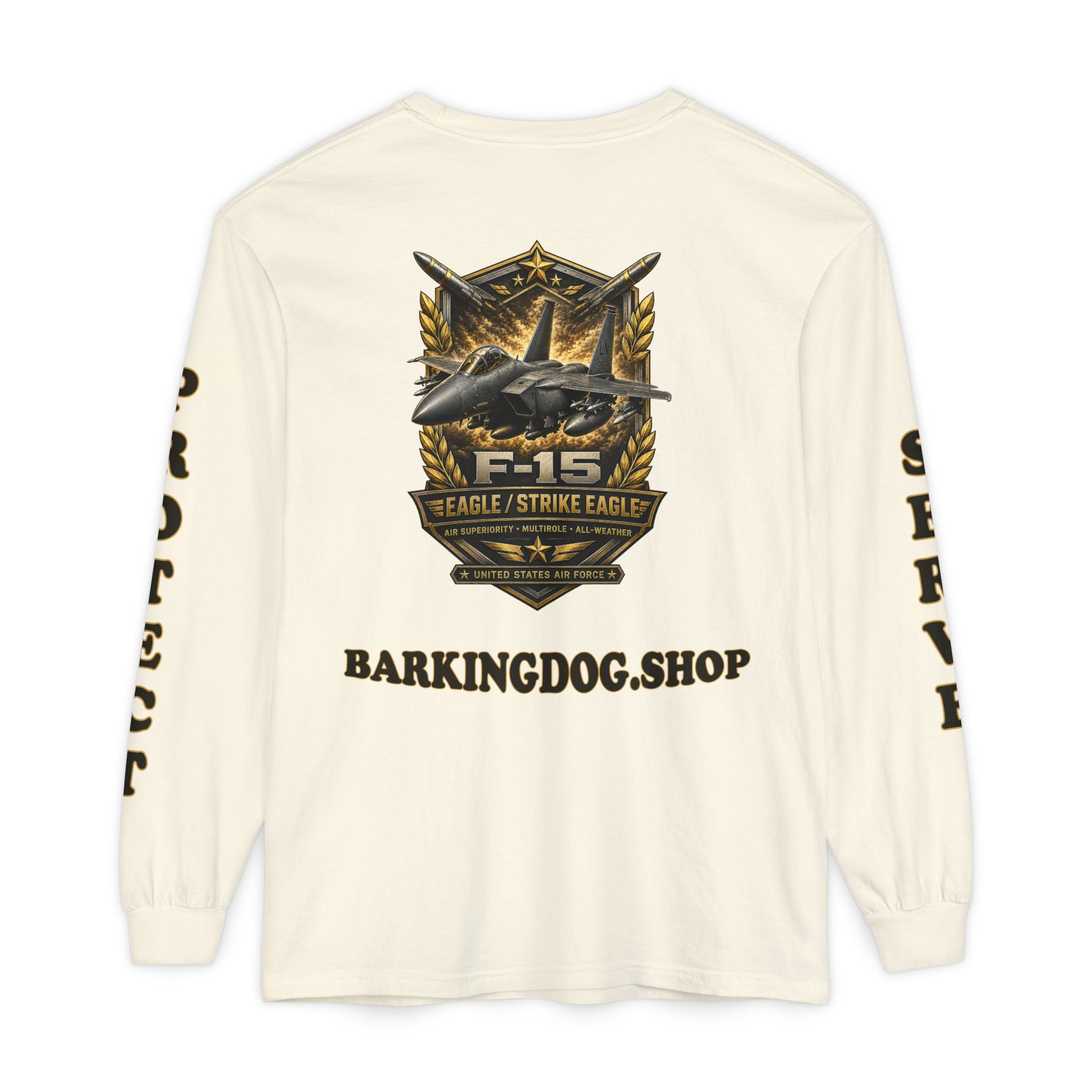 F-15 Strike Eagle Long Sleeve Tee — Barking Dog 'Wag On' Military Air Force Tribute