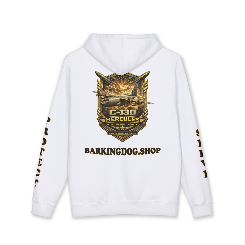 C-130 Hercules Tactical Transport Heavy Lift Airplane Hoodie — Barking Dog 'Wag On' Military Air Force Tribute