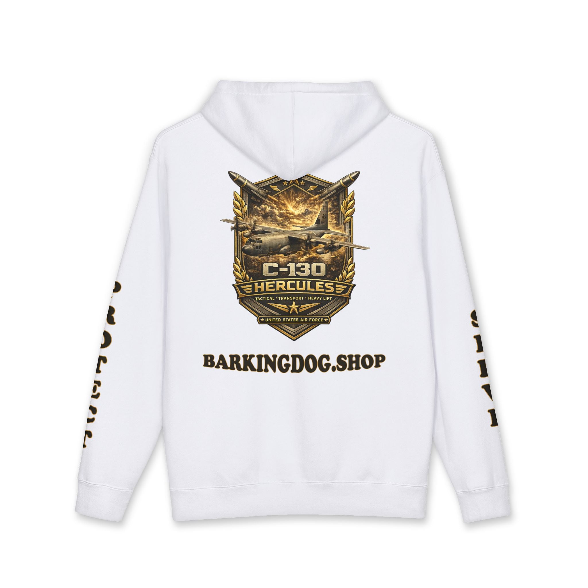 C-130 Hercules Tactical Transport Heavy Lift Airplane Hoodie — Barking Dog 'Wag On' Military Air Force Tribute