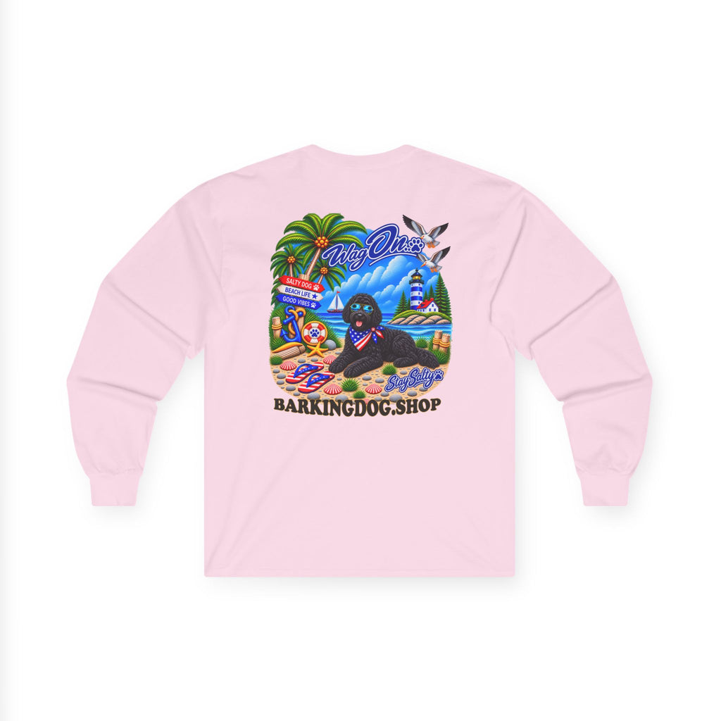 Black Berne Doodle Stay Salty Pup Long Sleeve T Shirt Beach Collection Coastal Dog Graphic Tee Wag On BarkingDog Shop