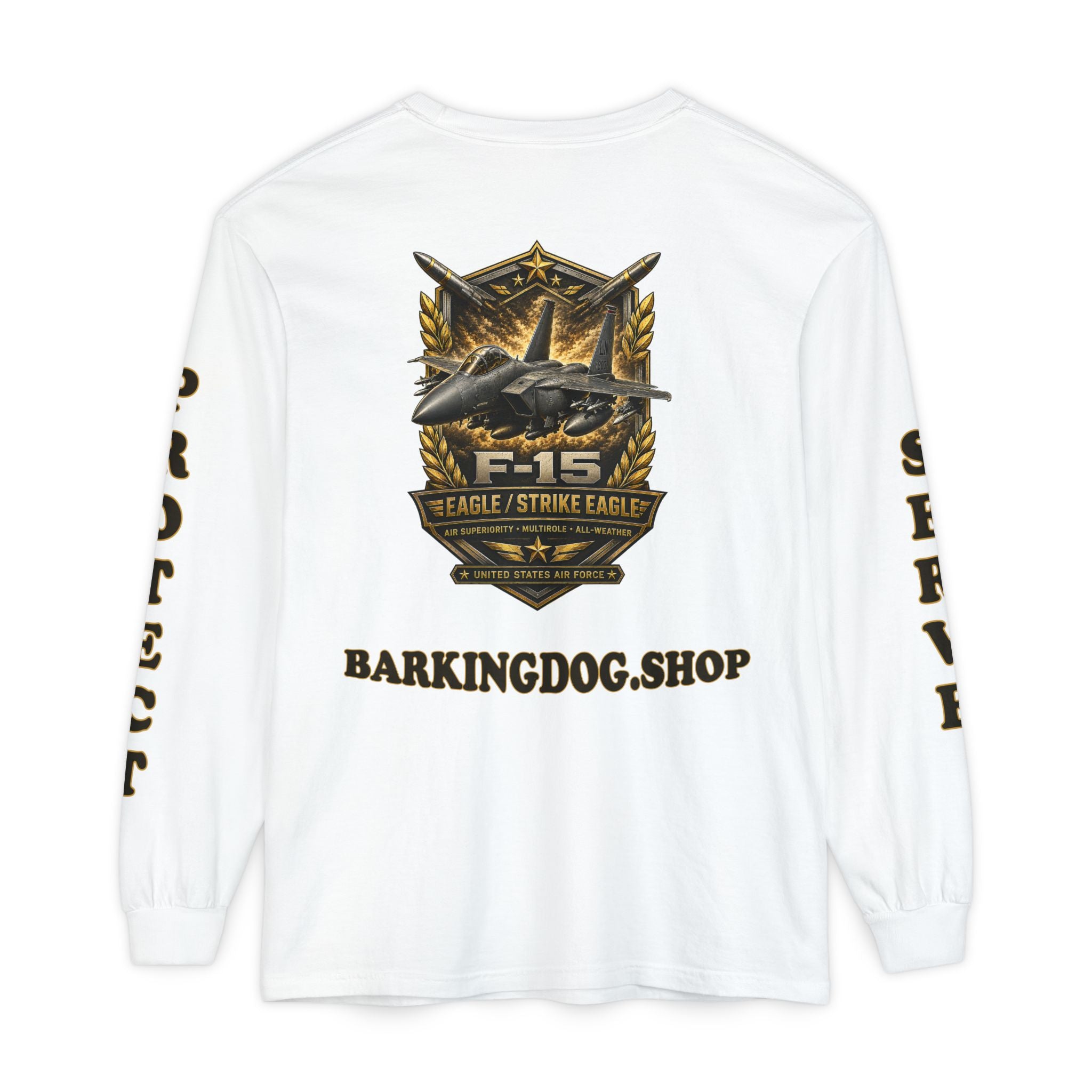 F-15 Strike Eagle Long Sleeve Tee — Barking Dog 'Wag On' Military Air Force Tribute