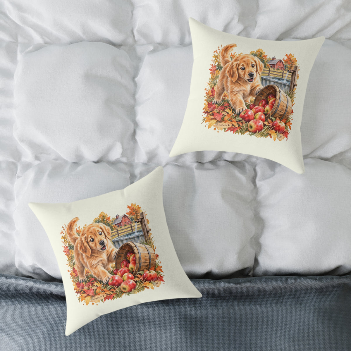 Golden Retriever Puppy Spilled Apples Throw Pillow Ivory Home Decor Collection Farmhouse Dog Decor BarkingDog Shop