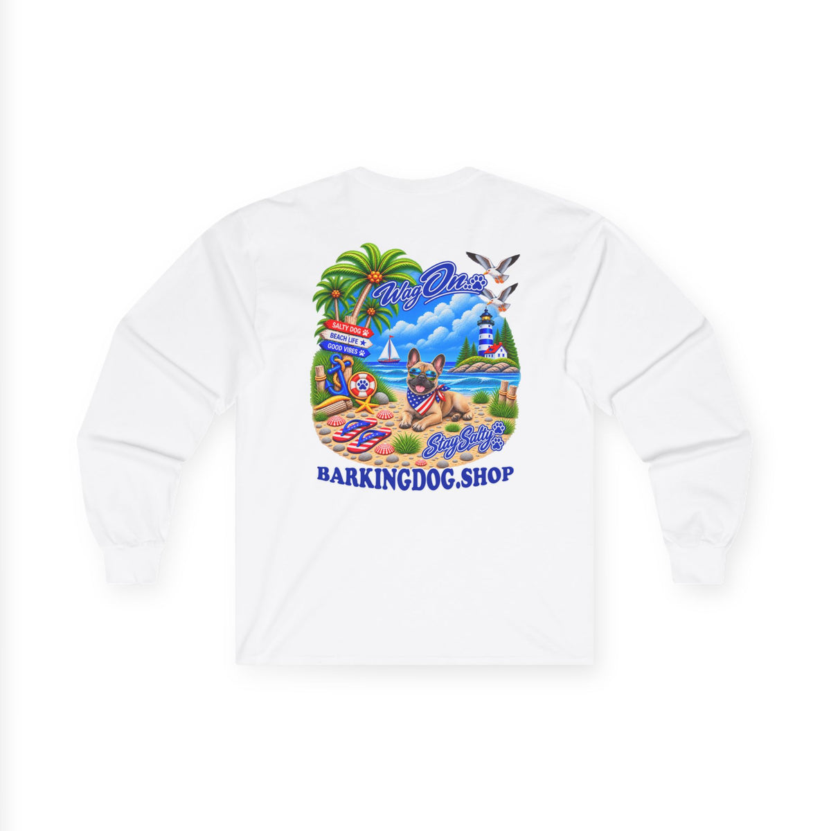 French Bulldog Stay Salty Pup Long Sleeve T Shirt Beach Collection Coastal Dog Graphic Tee Wag On BarkingDog Shop