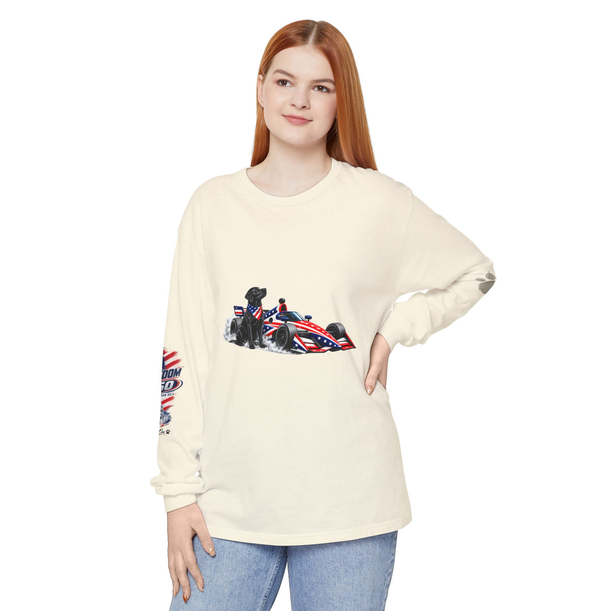 American Freedom 250 Long Sleeve T Shirt USA Country 250th Anniversary Patriotic Racing Dog Tee Wag On BarkingDog Shop