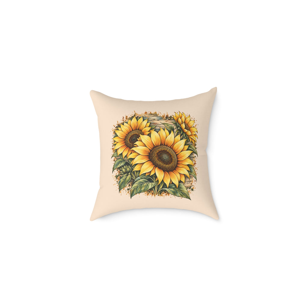 Sunflower Woodcut Relief Throw Pillow Warm Peach Floral Farmhouse Home Decor BarkingDog Shop