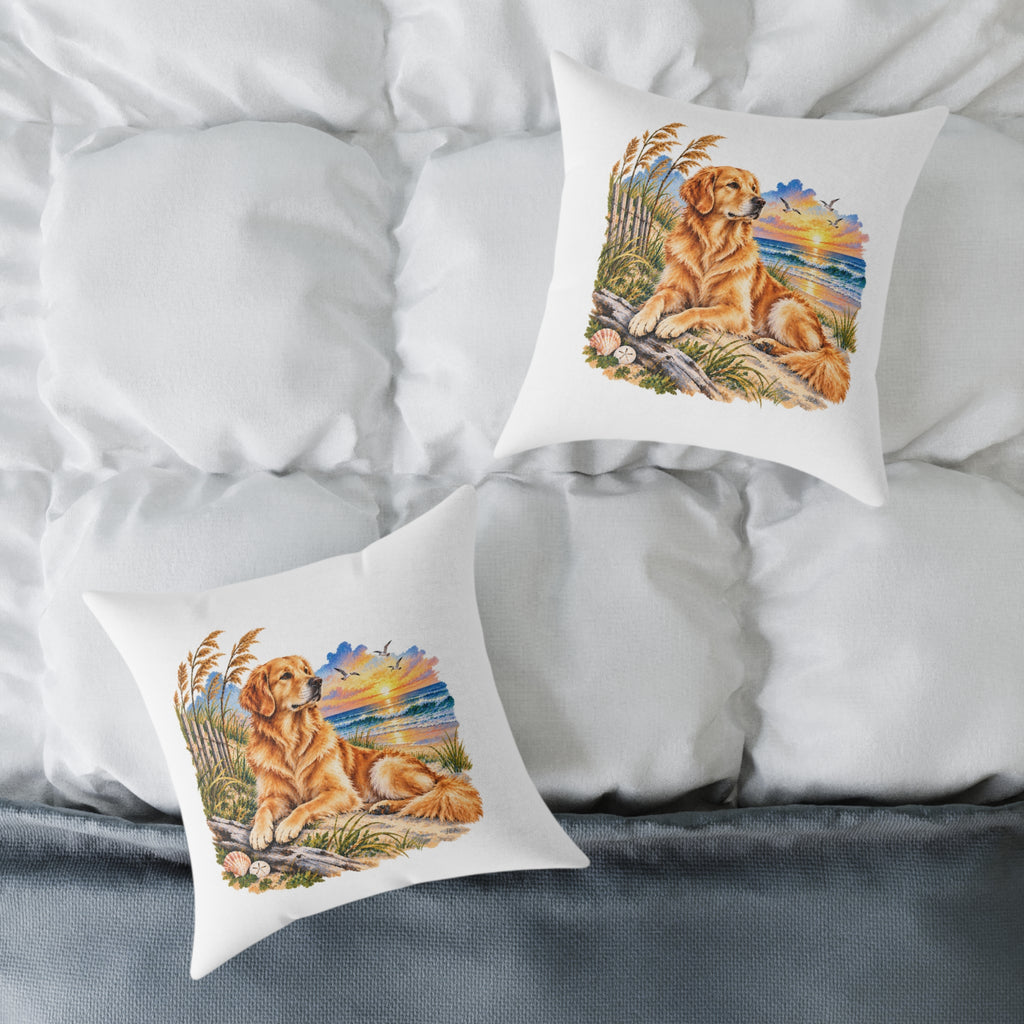 Golden Retriever Coastal North Carolina Sunrise Throw Pillow White Home Decor Collection Beach Dog Decor BarkingDog Shop