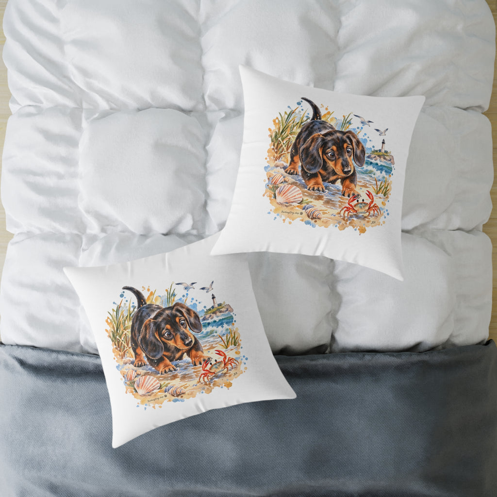 Dachshund Bewildered by Crab Beach Throw Pillow White Home Decor Collection Funny Coastal Dog Decor BarkingDog Shop