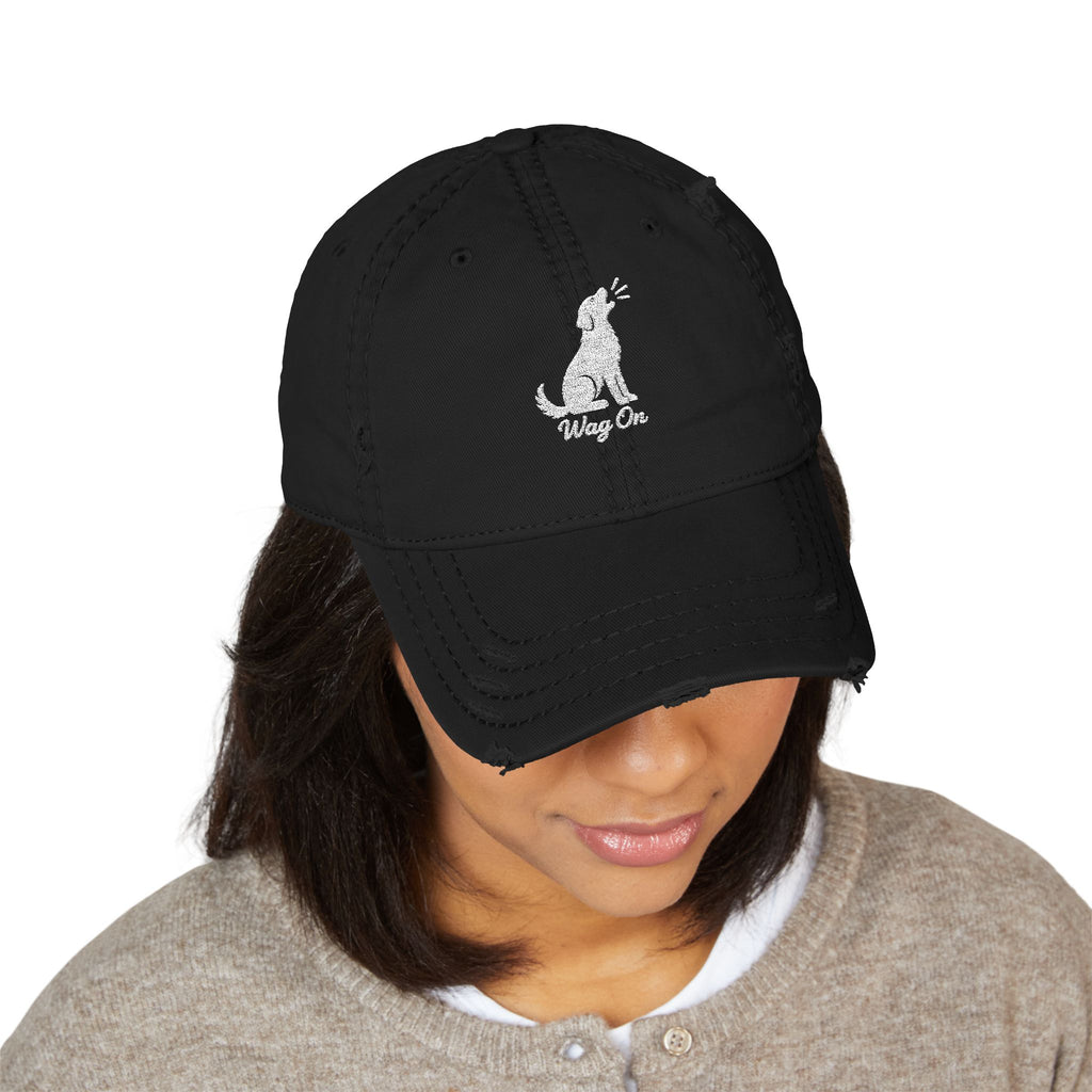 Distressed Embroidered Hat — 'Wag On' Dog Silhouette Cap