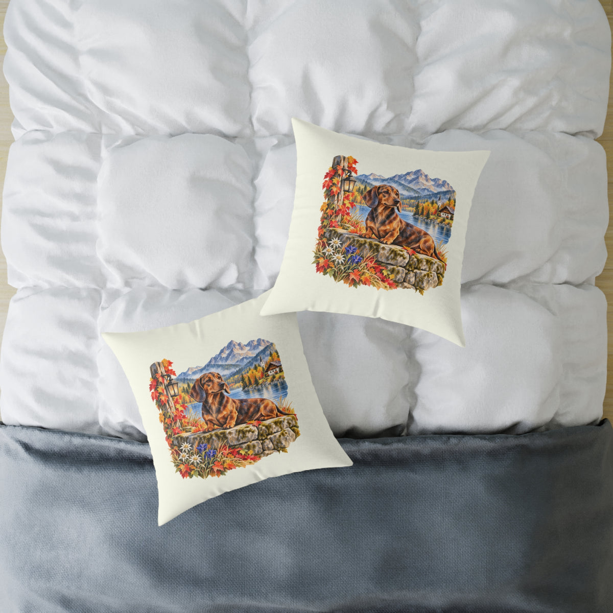 Dachshund Bavarian Alps Autumn Throw Pillow Ivory Home Decor Collection Alpine Lake Dog Decor BarkingDog Shop