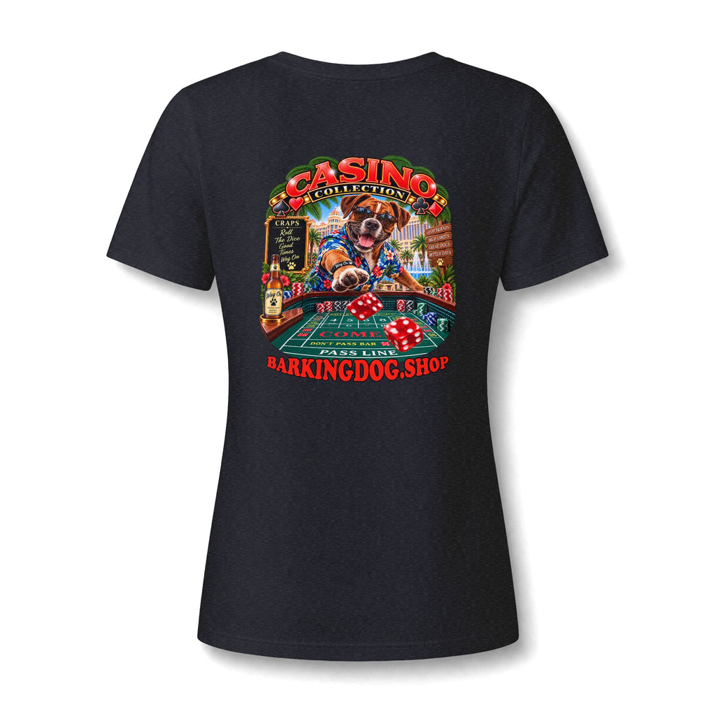 Boxer Craps Womens V Neck T Shirt Casino Collection Funny Casino Dog Graphic Tee Wag On BarkingDog Shop