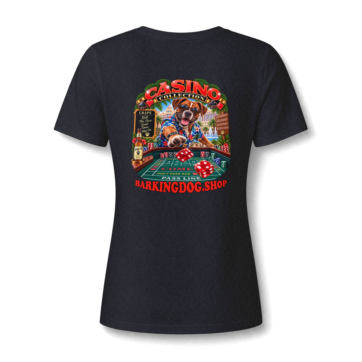 Boxer Craps Womens V Neck T Shirt Casino Collection Funny Casino Dog Graphic Tee Wag On BarkingDog Shop