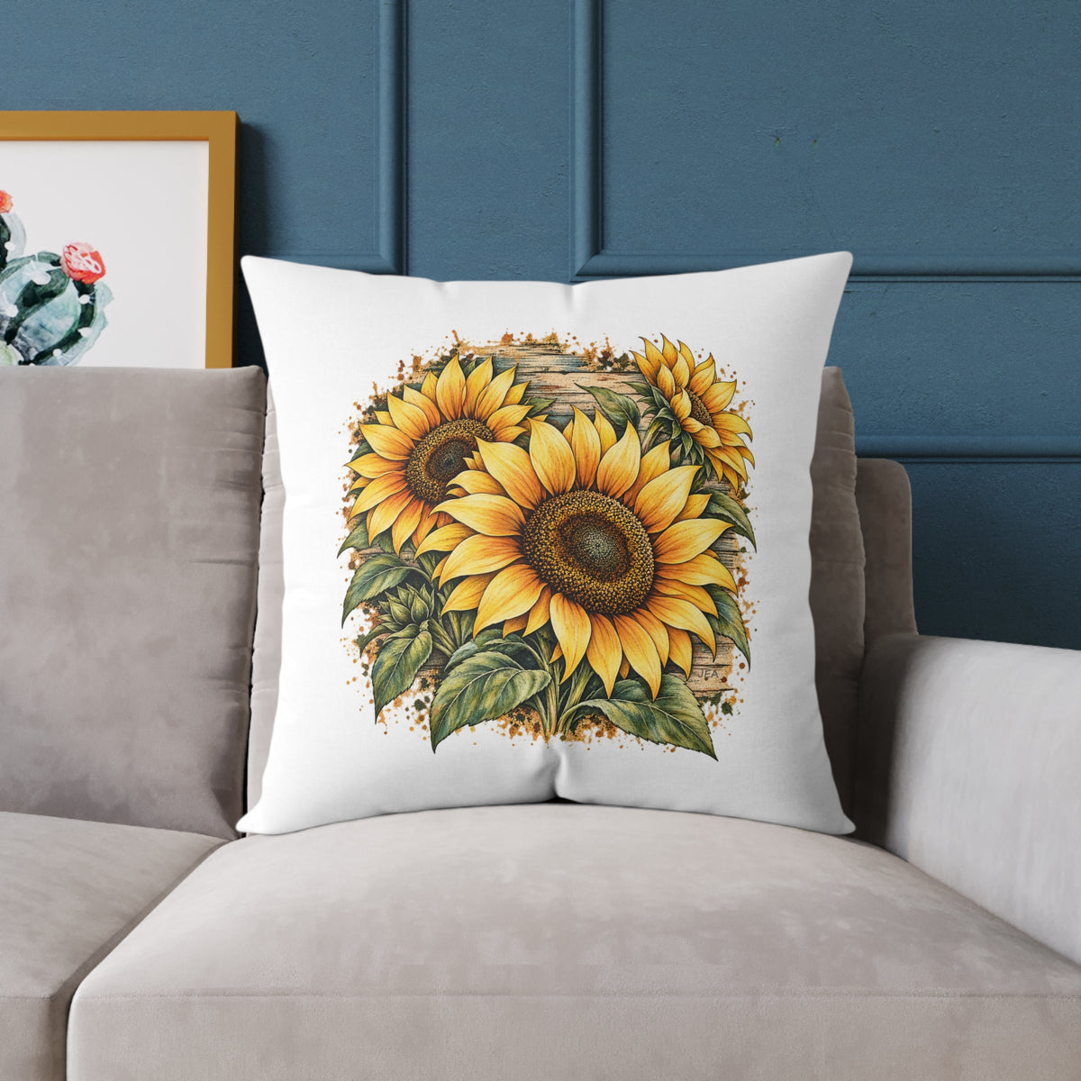 Sunflower Woodcut Relief Throw Pillow White Floral Farmhouse Home Decor BarkingDog Shop