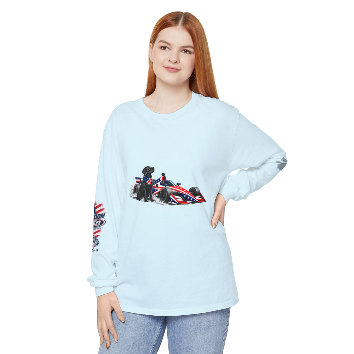 American Freedom 250 Long Sleeve T Shirt USA Country 250th Anniversary Patriotic Racing Dog Tee Wag On BarkingDog Shop