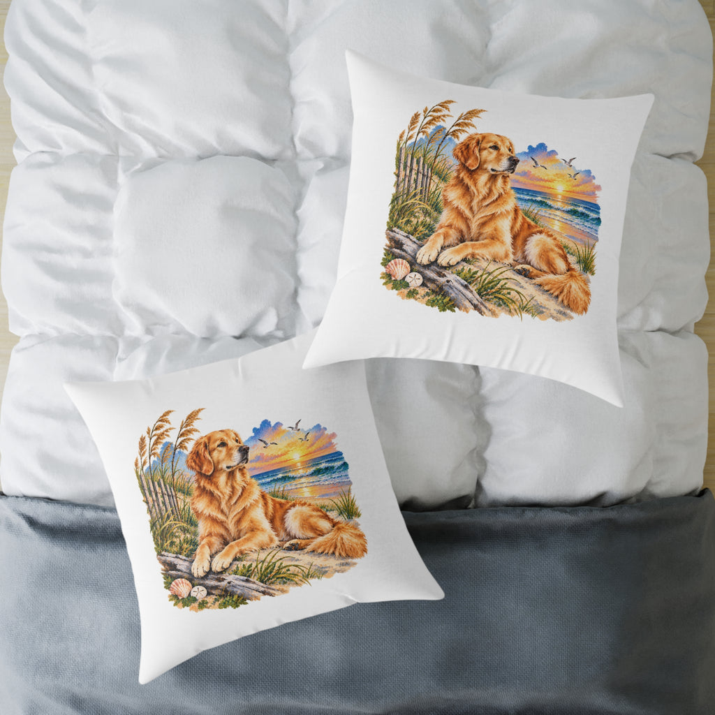 Golden Retriever Coastal North Carolina Sunrise Throw Pillow White Home Decor Collection Beach Dog Decor BarkingDog Shop