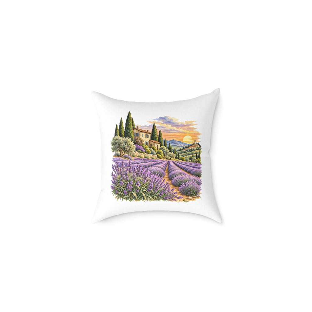 Lavender Fields Woodcut Relief Throw Pillow White Floral Landscape Home Decor BarkingDog Shop