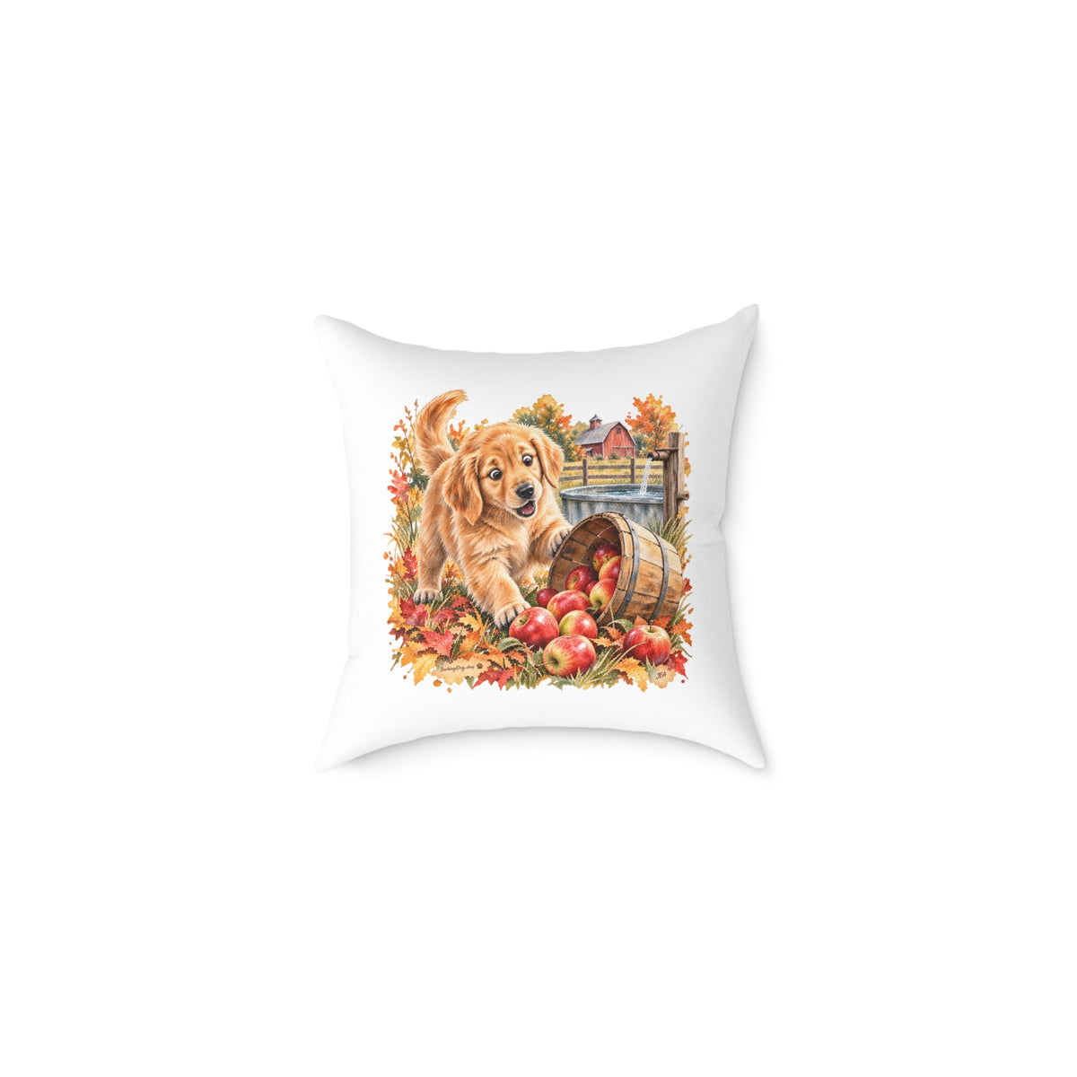 Golden Retriever Puppy Spilled Apples Throw Pillow White Home Decor Collection Farmhouse Dog Decor BarkingDog Shop
