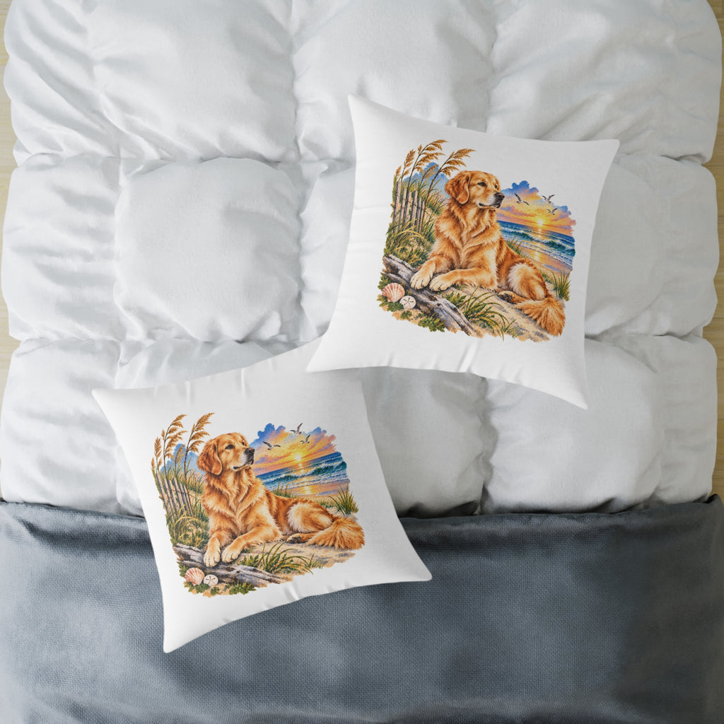 Golden Retriever Coastal North Carolina Sunrise Throw Pillow White Home Decor Collection Beach Dog Decor BarkingDog Shop