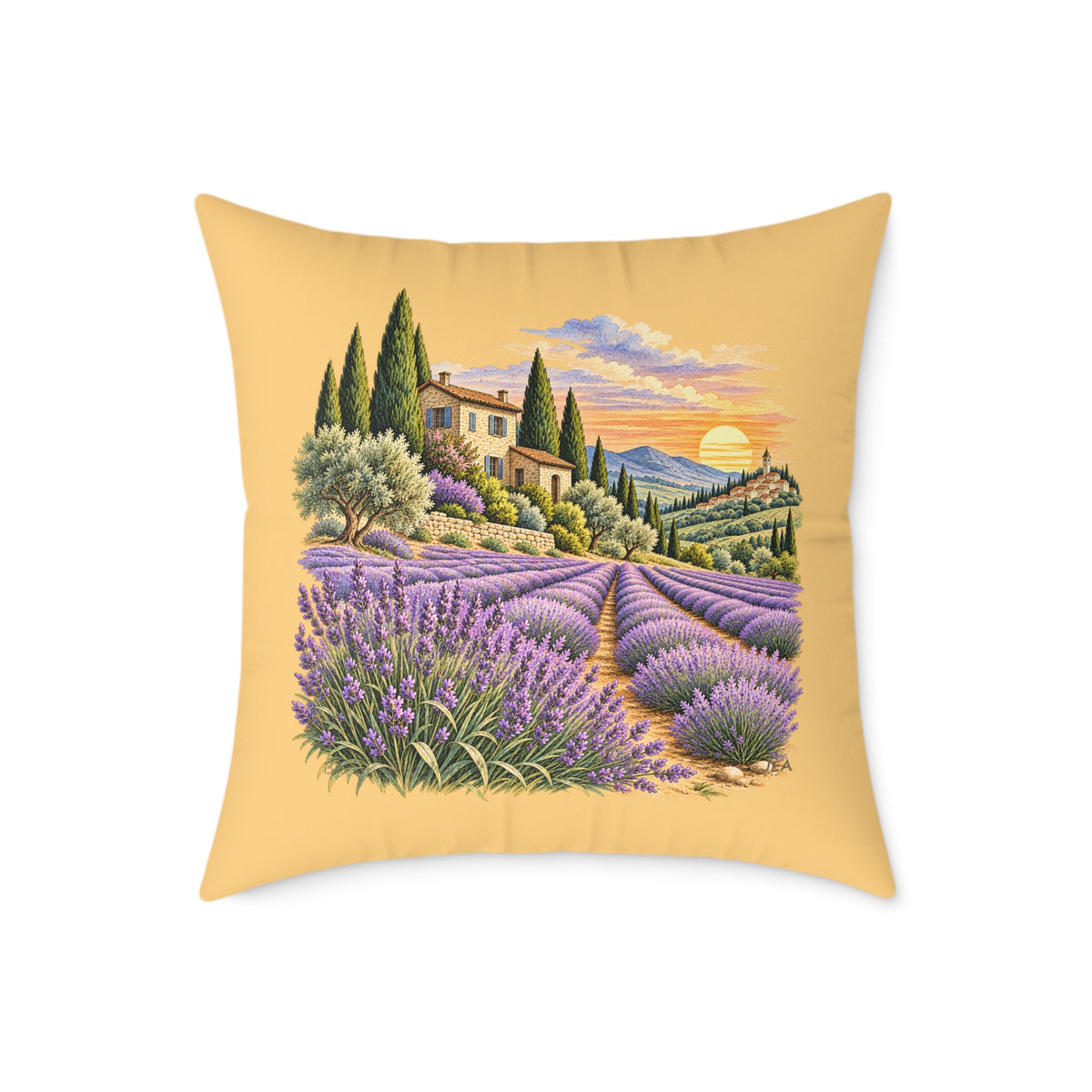 Lavender Fields Woodcut Relief Throw Pillow Warm Beige Floral Landscape Home Decor BarkingDog Shop