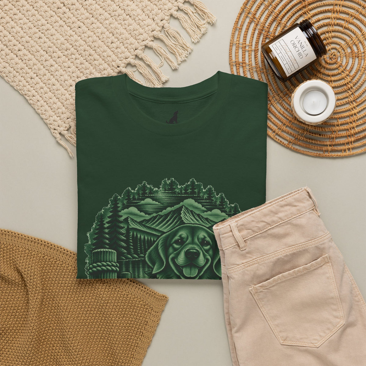 Golden Retriever Mountain Lake Wildlife Woodcut Tee Green Outdoor Canine Graphic T-Shirt BarkingDog Shop