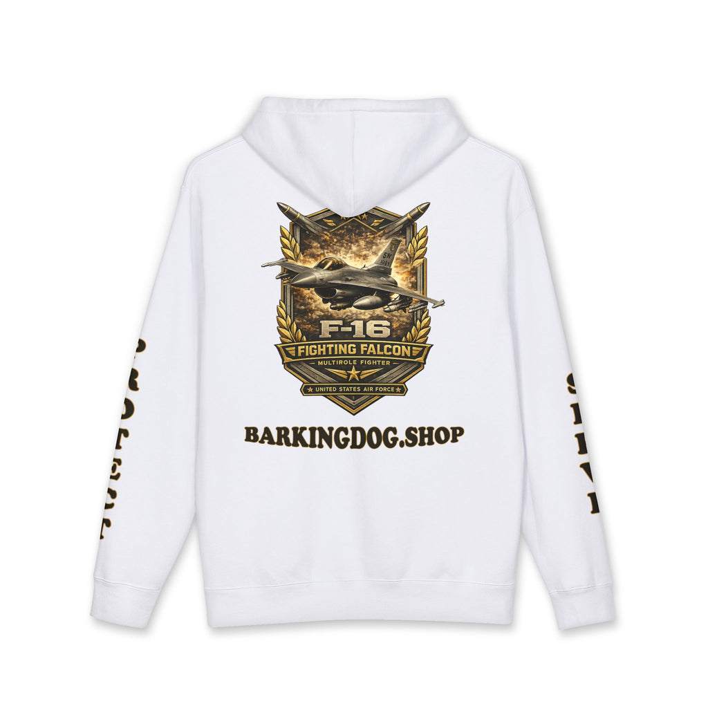 F-16 Fighting Falcon Jet Hoodie — Barking Dog 'Wag On' Military Air Force Tribute