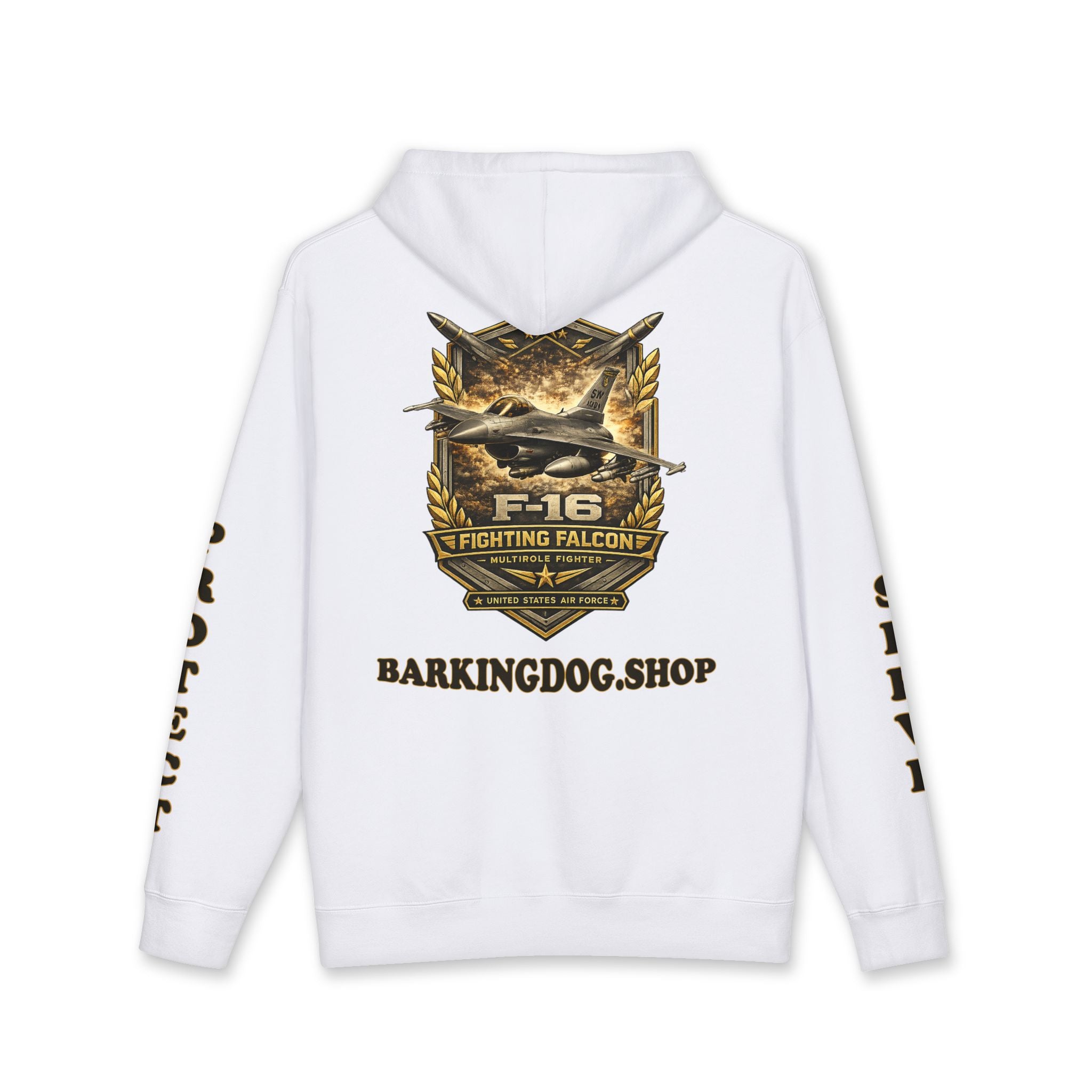 F-16 Fighting Falcon Jet Hoodie — Barking Dog 'Wag On' Military Air Force Tribute