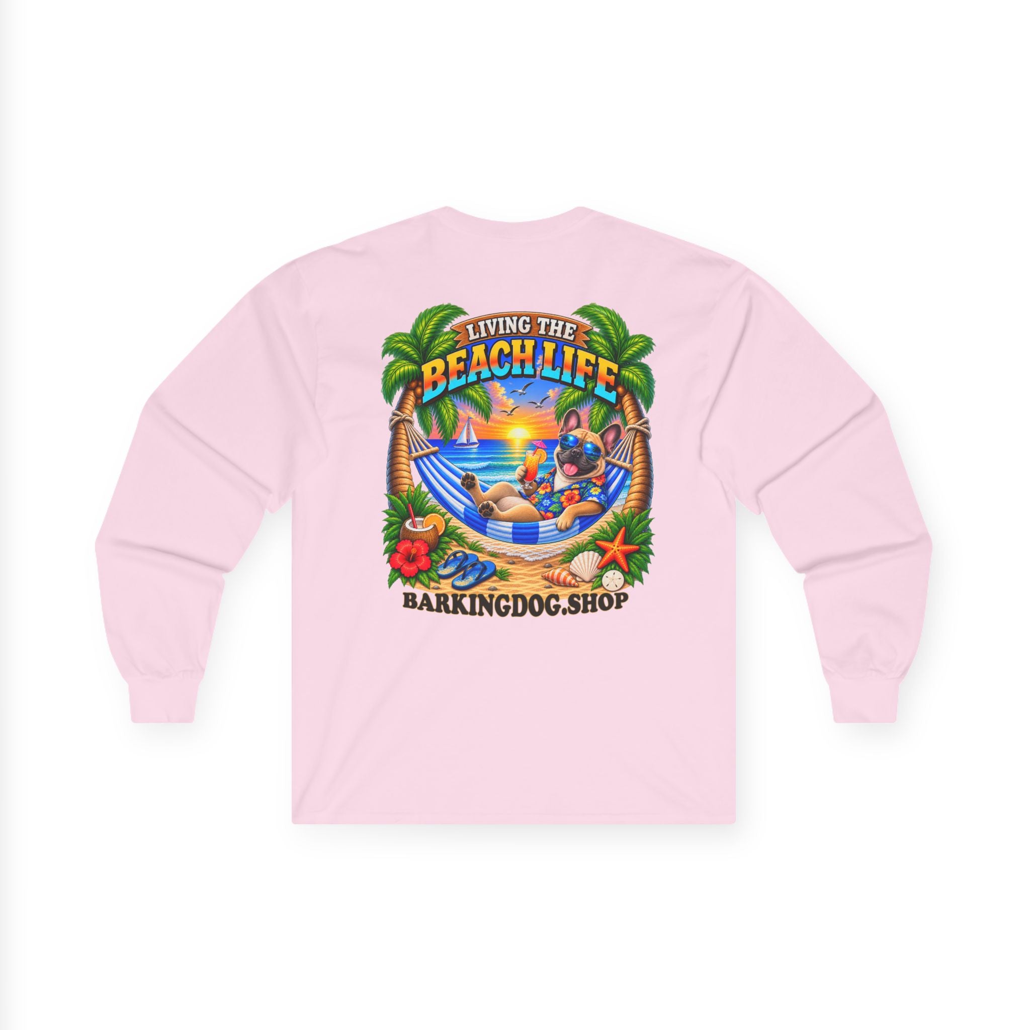 French Bulldog Beach Life Canine Long Sleeve T Shirt Beach Collection Hammock Tropical Dog Graphic Tee Wag On BarkingDog Shop