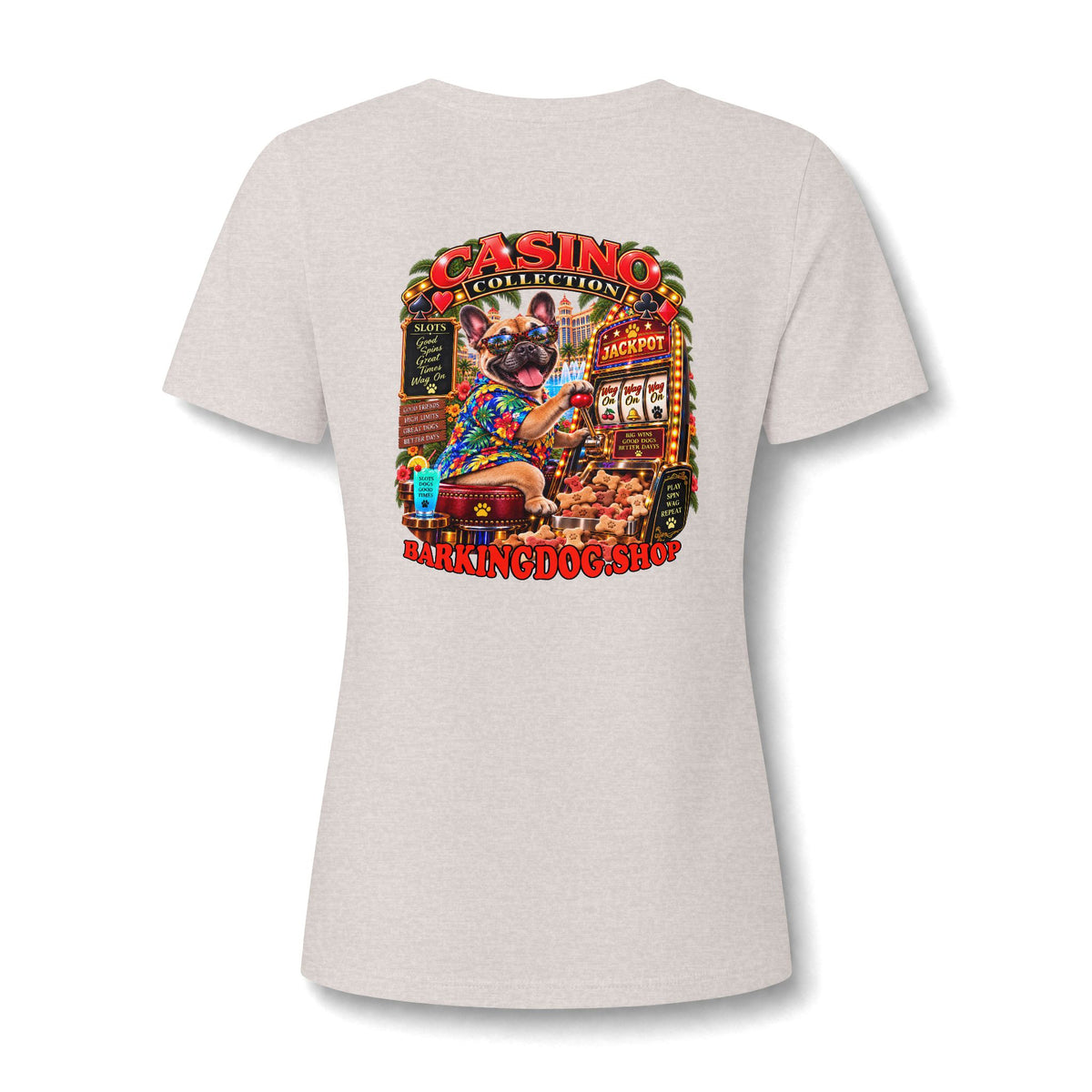 French Bulldog Slots Womens V Neck T Shirt Casino Collection Funny Casino Dog Graphic Tee Wag On BarkingDog Shop