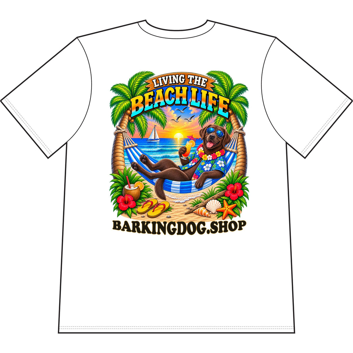 Chocolate Labrador Beach Life Canine T Shirt Beach Collection Living the Beach Life Tropical Graphic Tee Wag On BarkingDog Shop