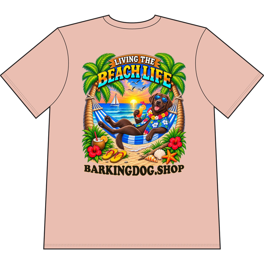 Chocolate Labrador Beach Life Canine T Shirt Beach Collection Living the Beach Life Tropical Graphic Tee Wag On BarkingDog Shop