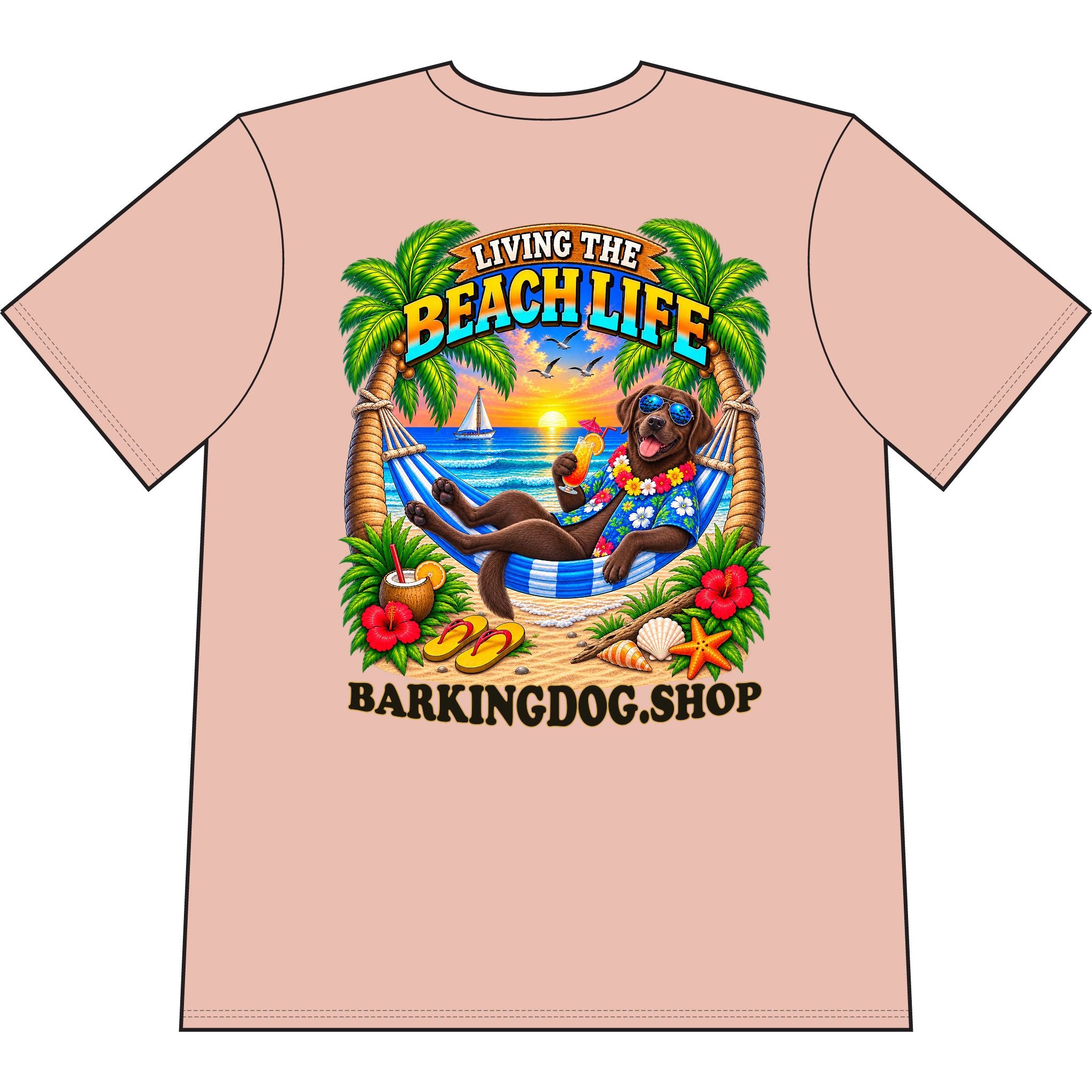 Chocolate Labrador Beach Life Canine T Shirt Beach Collection Living the Beach Life Tropical Graphic Tee Wag On BarkingDog Shop
