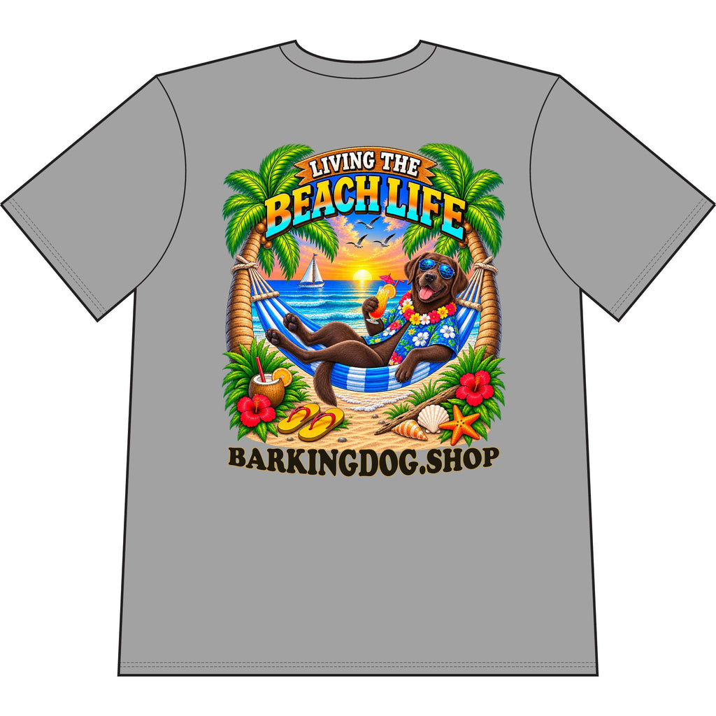 Chocolate Labrador Beach Life Canine T Shirt Beach Collection Living the Beach Life Tropical Graphic Tee Wag On BarkingDog Shop