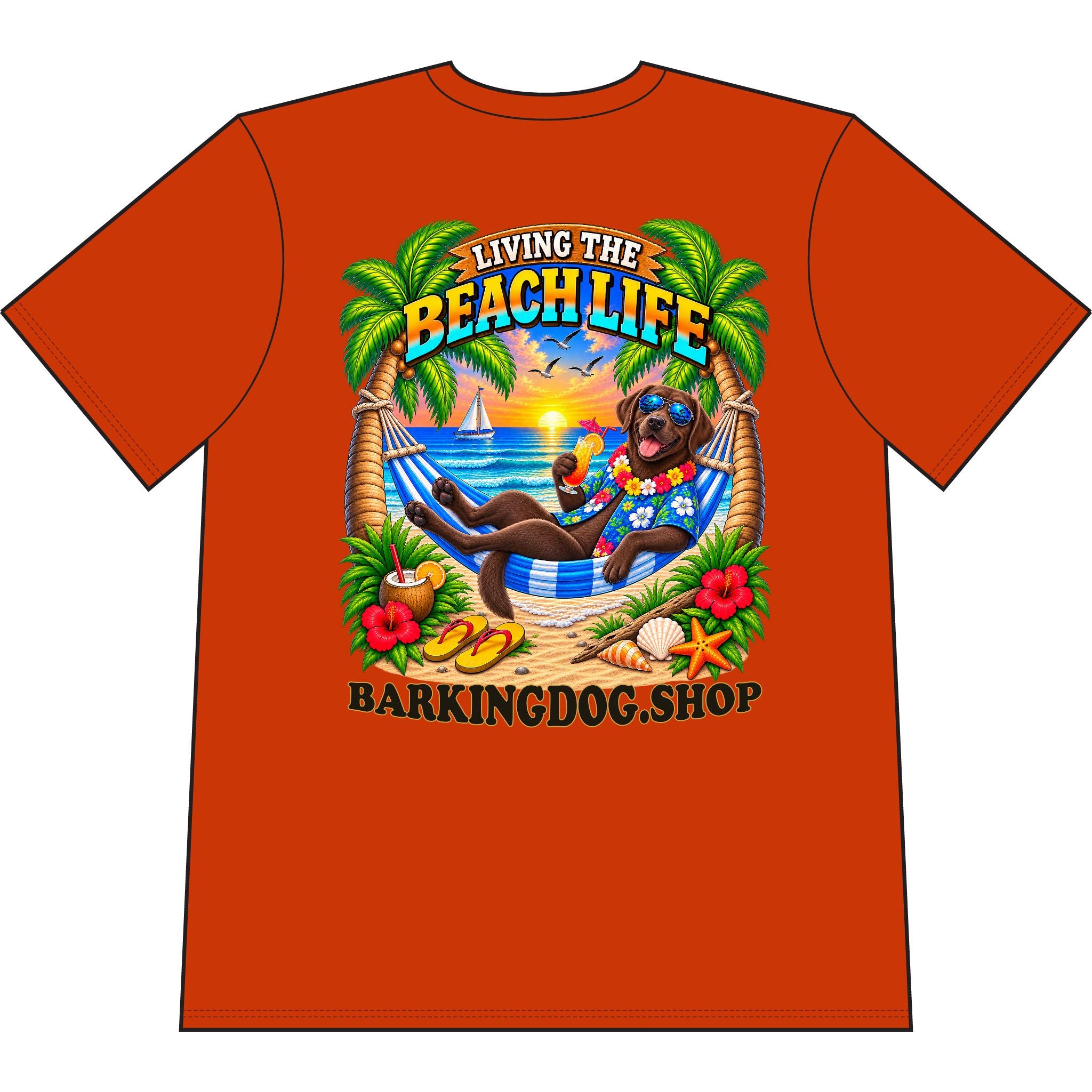 Chocolate Labrador Beach Life Canine T Shirt Beach Collection Living the Beach Life Tropical Graphic Tee Wag On BarkingDog Shop